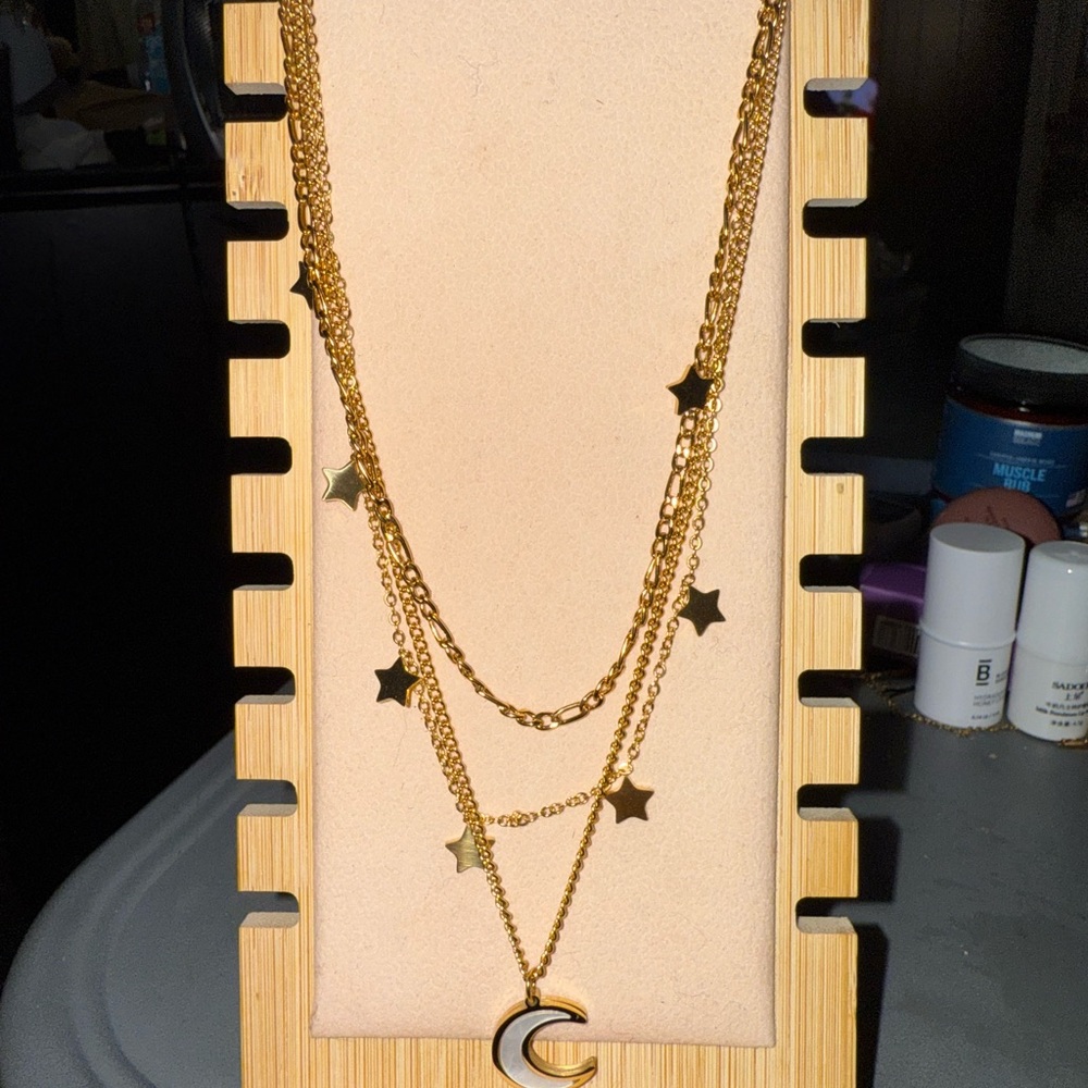 Gold Stainless Steel Layered Necklace with Stars and Moon WILL NOT TARNISH